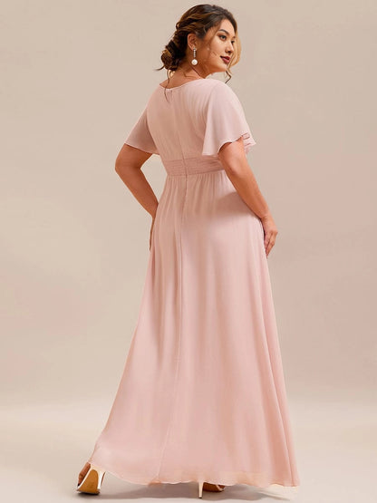 A-Line Round Neck Flutter Sleeve Back Zipper Floor Length Plus Size Floral Chiffon Wedding Guest Dress