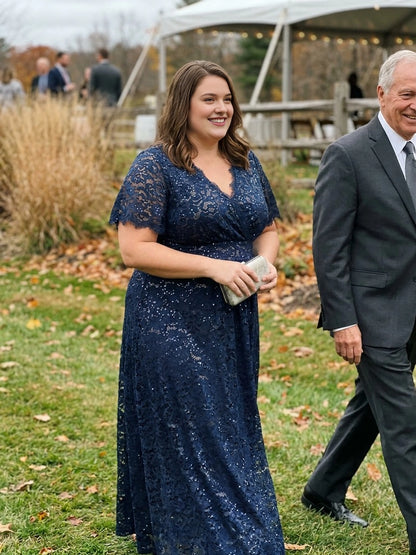 Plus Size Sequin Lace V-Neck Flutter Sleeve Long Mother of Bride Dress