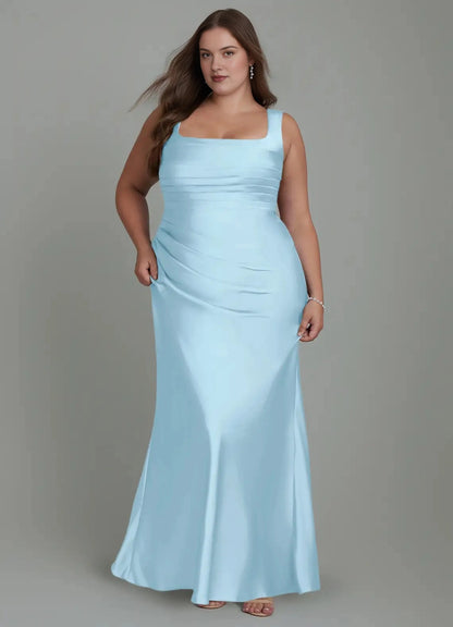 Elegant Mermaid Square-Neck Sleeveless Lace-Up-Back Floor-Length Plus Size Bridesmaid Dress