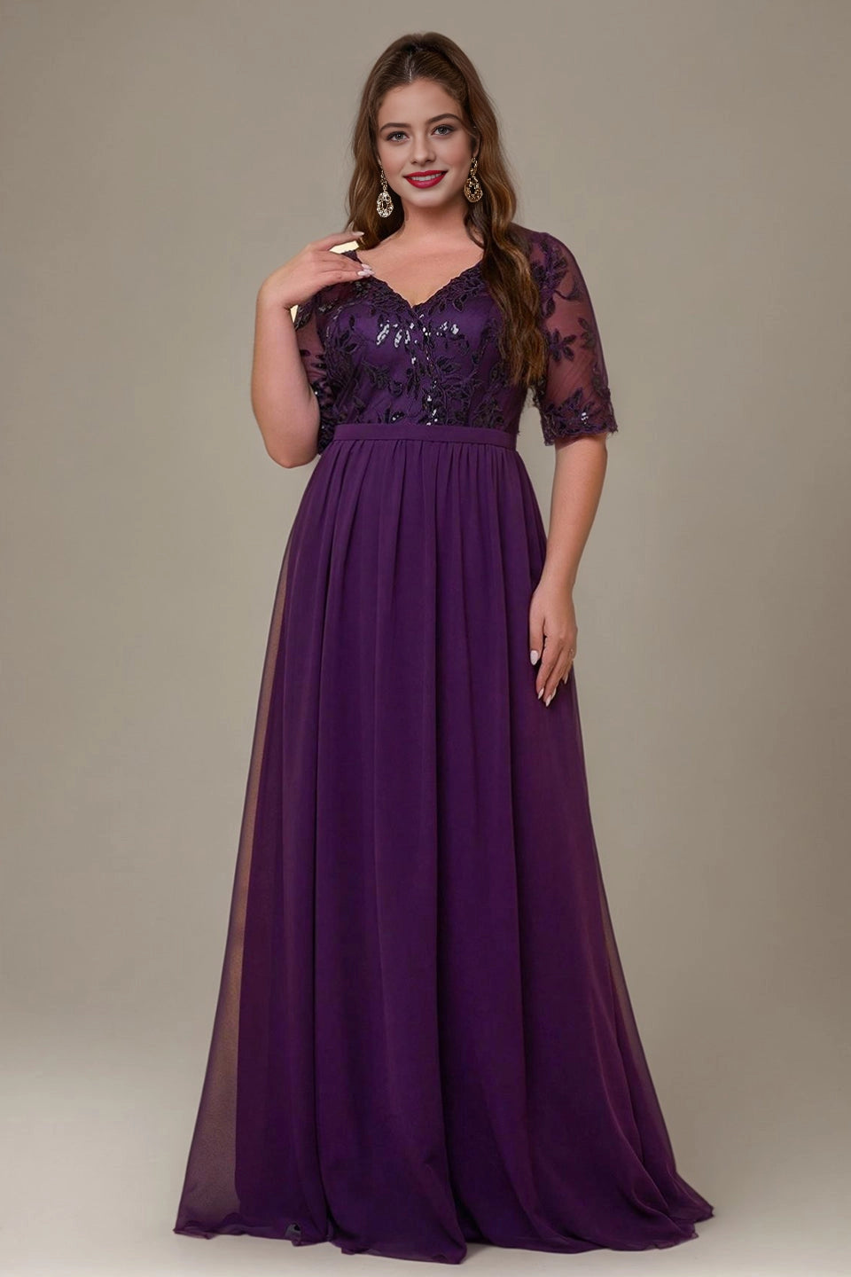 Flowy A-Line V-Neck Mid-Sleeve V-Back Floor-Length plus size Mother Of Bride Dress