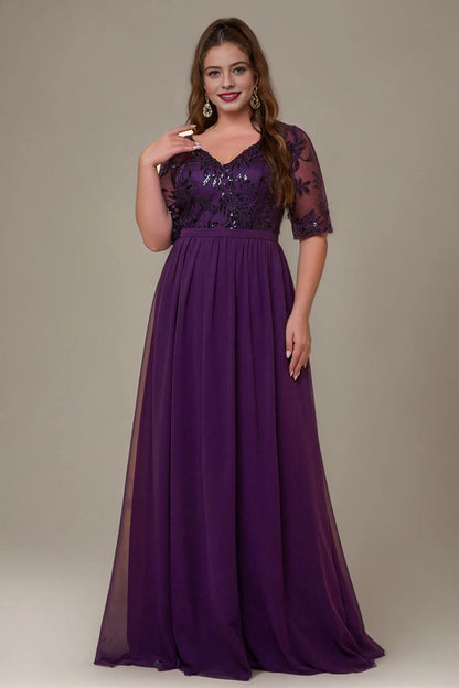 Flowy A-Line V-Neck Mid-Sleeve V-Back Floor-Length plus size Mother Of Bride Dress