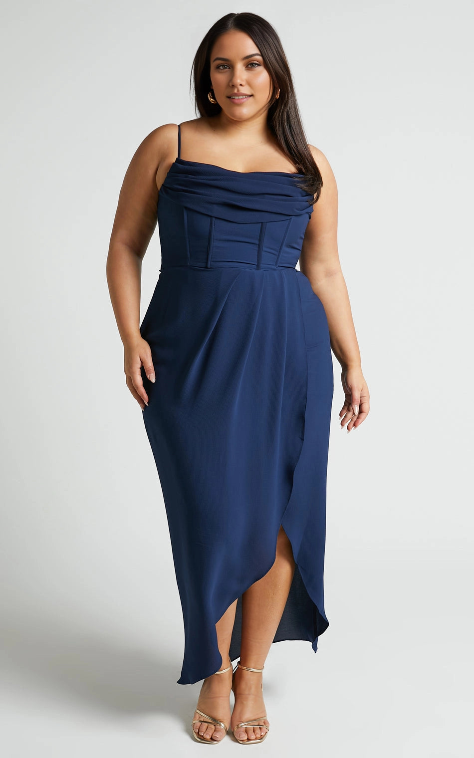 Glamorous A‑Line Cowl Neck Spaghetti Strap Open Back Slit Maxi Length Plus Size Prom Dress