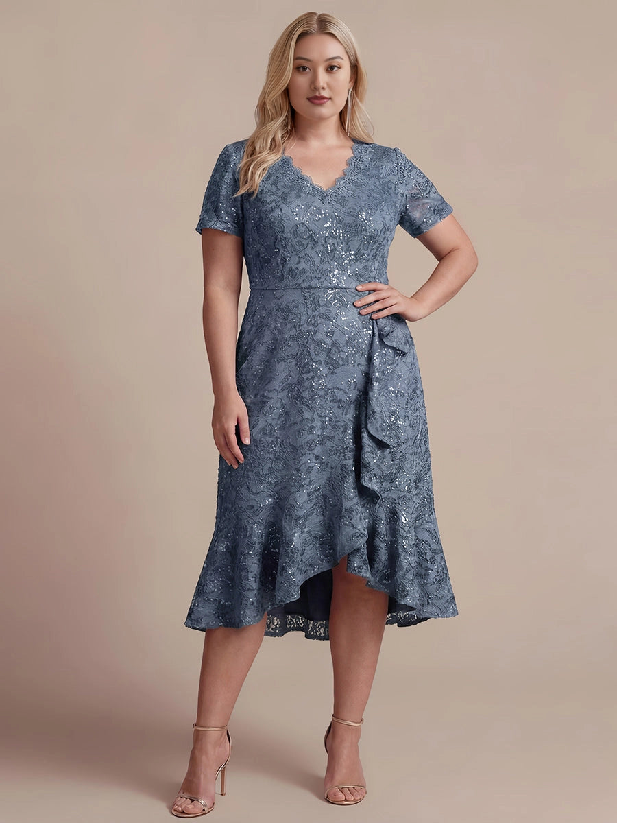 Flattering Wrap V-Neck Short Sleeve Zipper Back Hi-Lo Midi Plus Size Prom Dress 