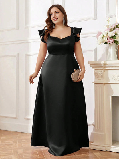 Black Plus‑Size A‑Line Sweetheart Ruffle‑Sleeve Zipper‑Back Floor‑Length Prom Dress