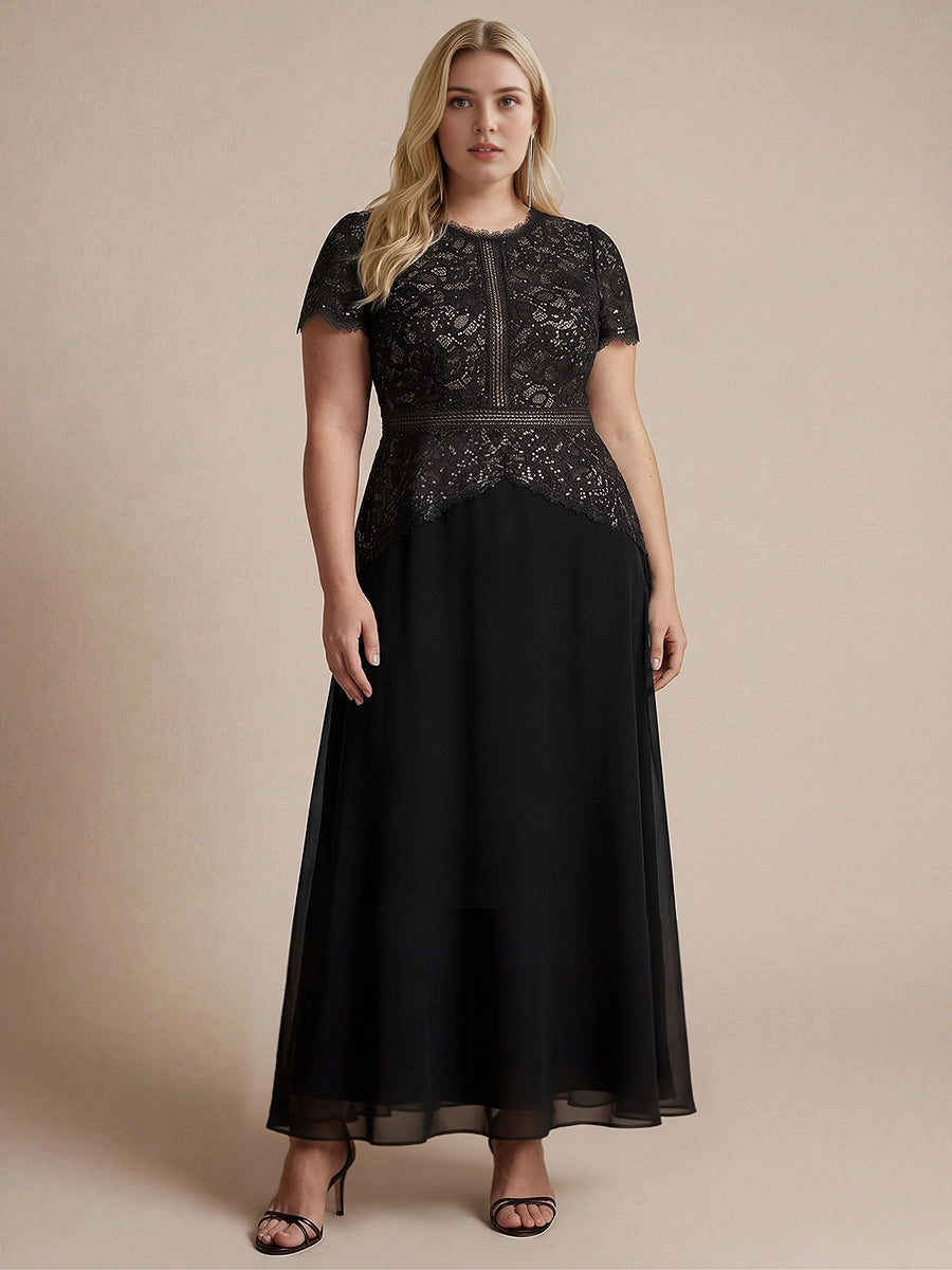 RoselleDress black lace high neck short sleeve a line plus size maxi wedding guest dress chiffon skirt