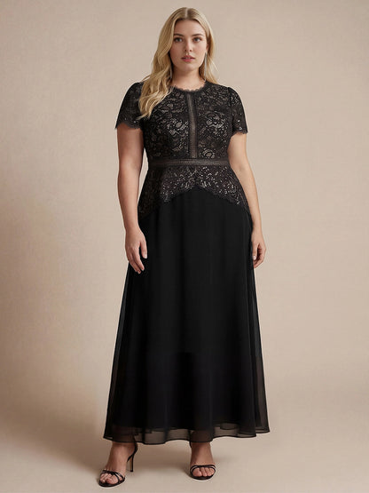 RoselleDress black lace high neck short sleeve a line plus size maxi wedding guest dress chiffon skirt