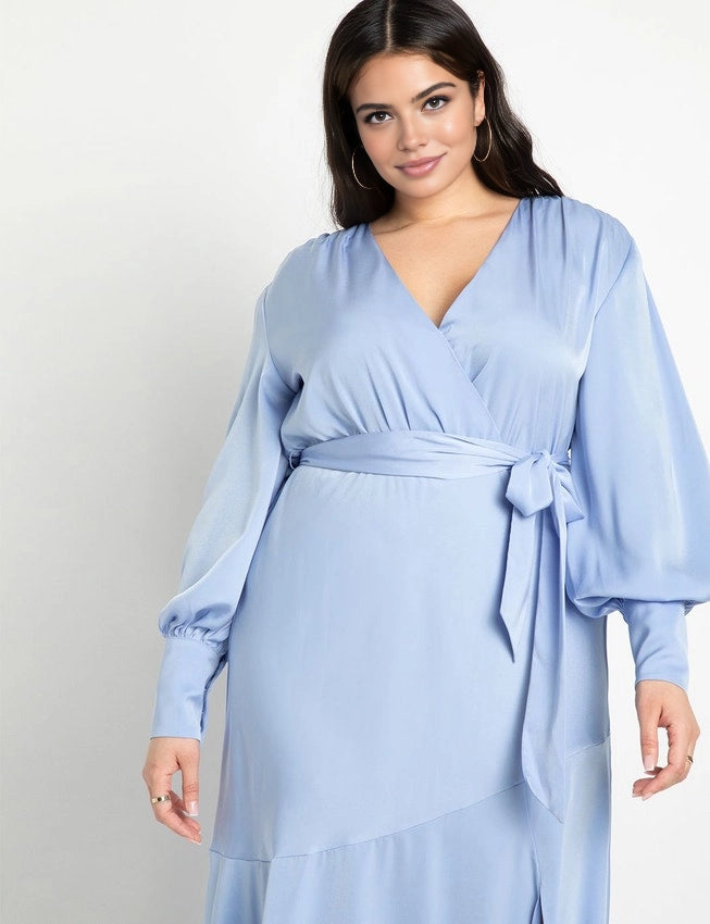 Roselledress Ruffle-Hem Long-Sleeve Satin Midi Plus Size Wedding Guest Dress