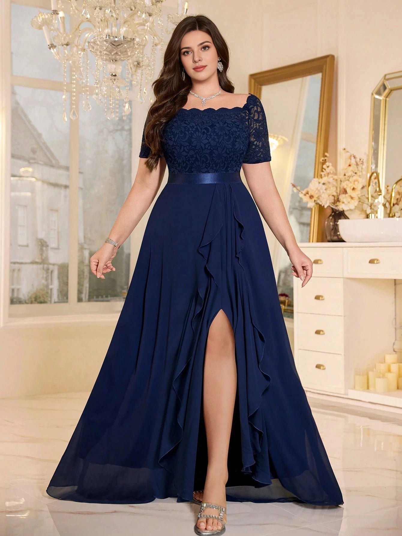 Elegant A‑Line Scalloped‑Square Short‑Sleeve Scalloped‑Back Floor‑Length Mother Of Bride Dress