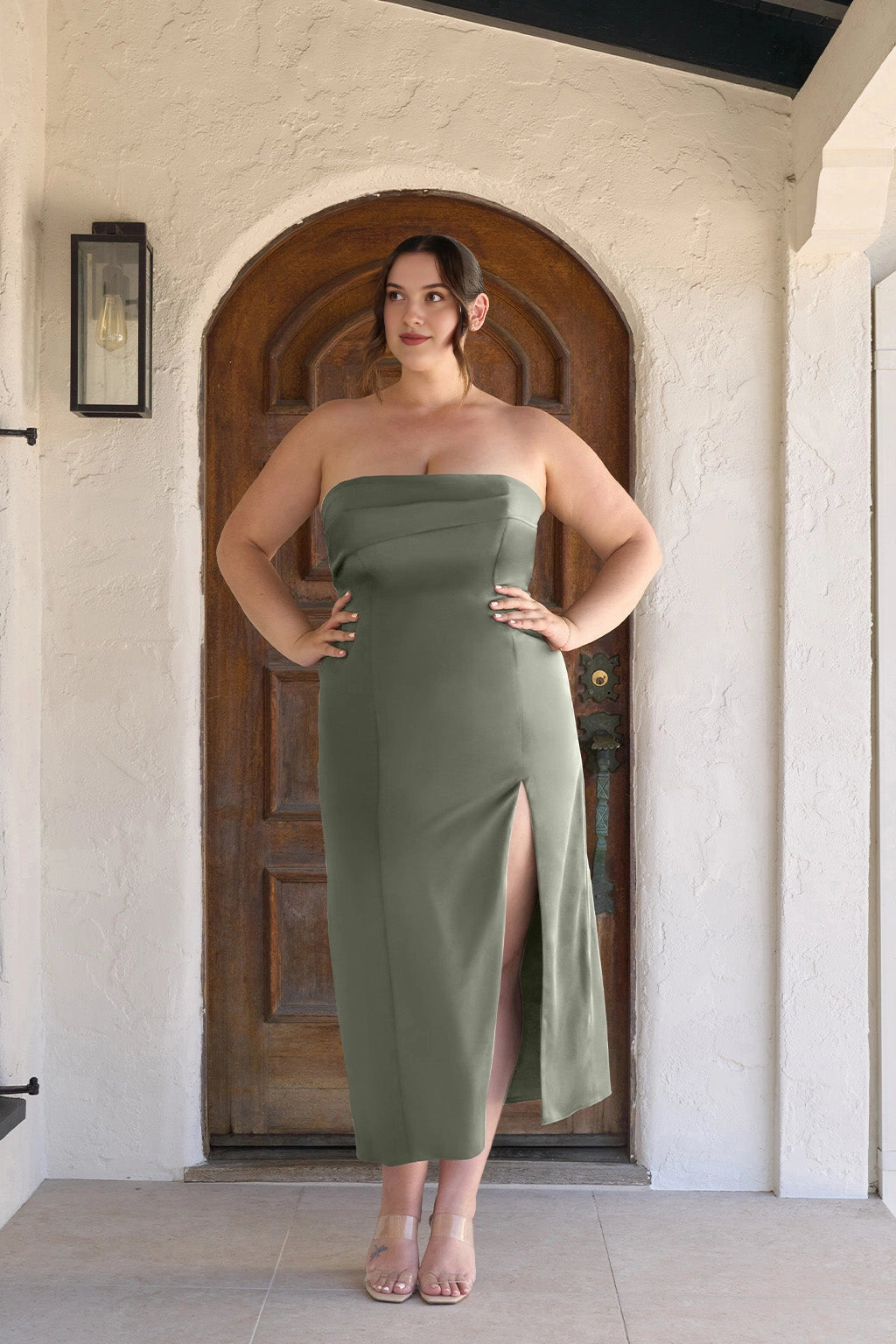 Elegant Sheath Straight Neck Strapless Zipper Back Plus Size Wedding Guest Dress