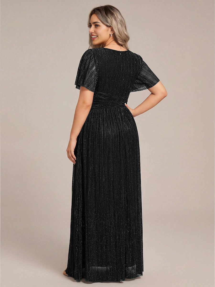 Roselledress Emerald Green Shimmer Pleated V-Neck Flutter Sleeve Zip Back Maxi Plus Size Weeding Guest Dress