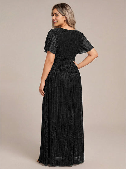 Roselledress Emerald Green Shimmer Pleated V-Neck Flutter Sleeve Zip Back Maxi Plus Size Weeding Guest Dress