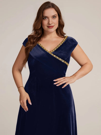 Plus Size Navy Velvet A-Line V-Neck Cap Sleeve Tea-Length Wedding Guest Dress