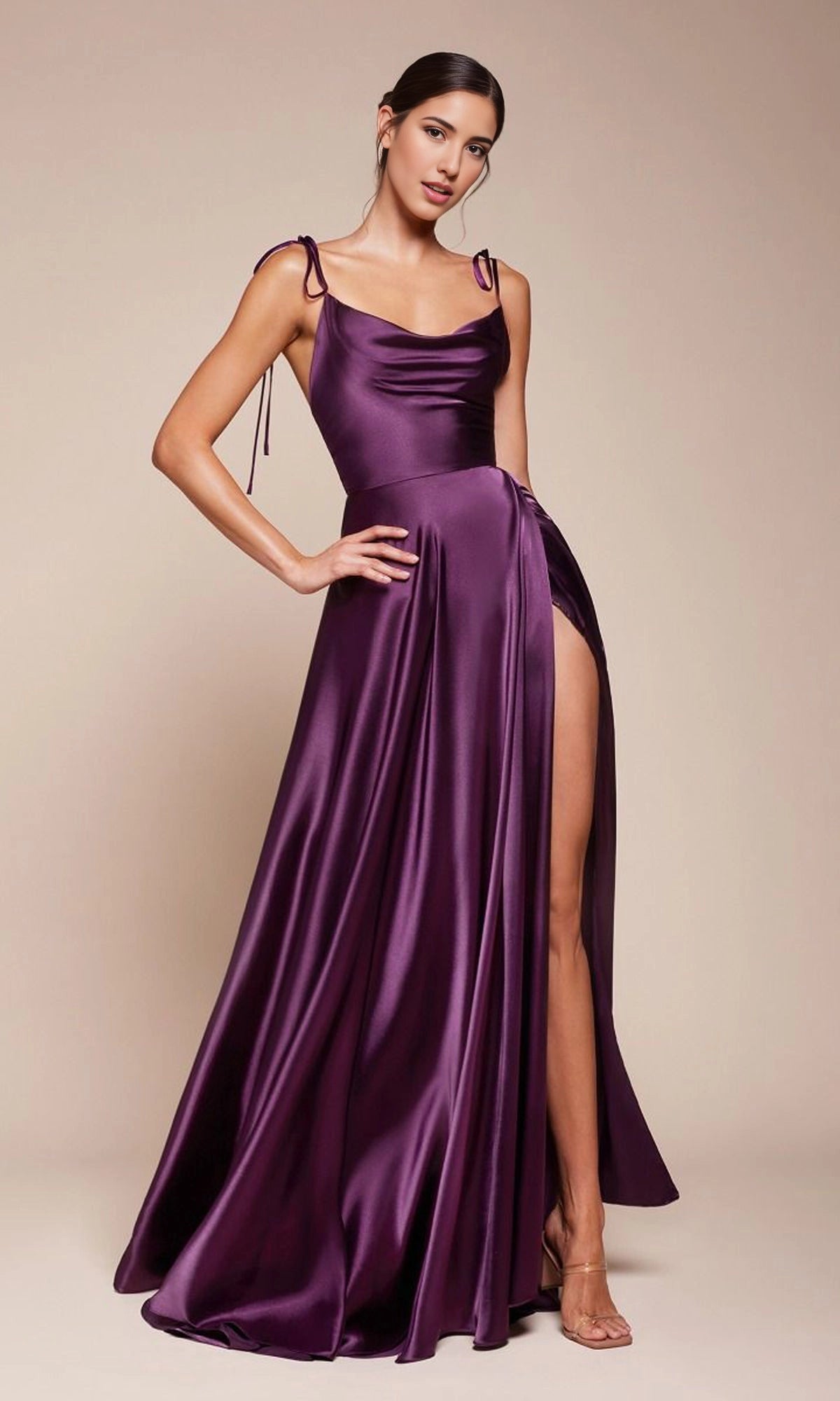 roselledress deep purple glossy satin adjustable tie spaghetti cowl neck high thigh slit flowy long bridesmaid prom gown neutral studio front full shot