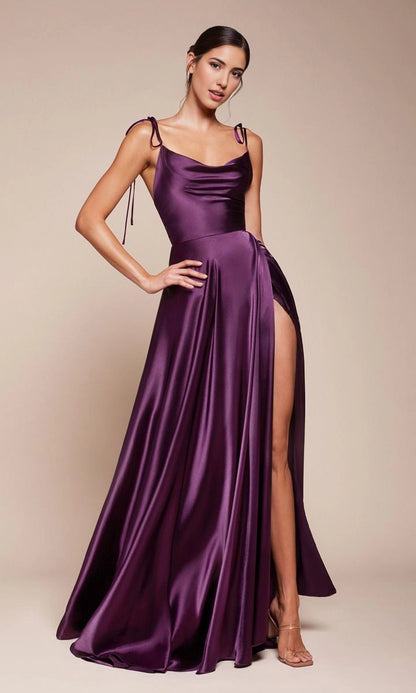 roselledress deep purple glossy satin adjustable tie spaghetti cowl neck high thigh slit flowy long bridesmaid prom gown neutral studio front full shot