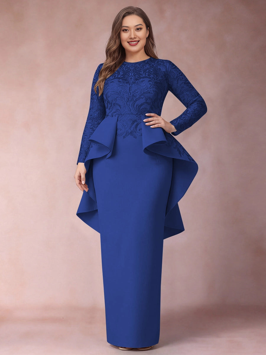 Sheath Round Neck Long Sleeve Back Zipper Maxi Plus Size Lace Peplum Mother Of The Bride Dress