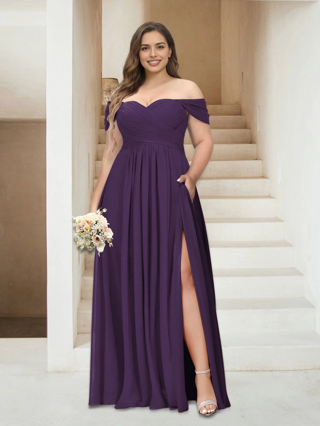 Romantic A-Line Off Shoulder Short Sleeve Ruched Back Floor Length Plus Size Mother Of The Bride Dress