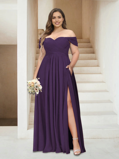 Romantic A-Line Off Shoulder Short Sleeve Ruched Back Floor Length Plus Size Mother Of The Bride Dress