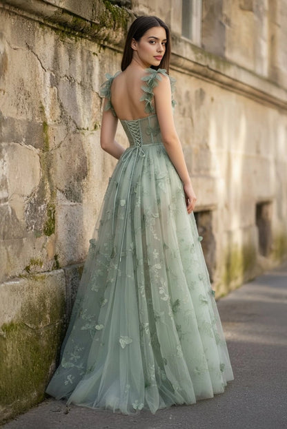 Roselledress A-Line Square Neck Strap Corset Lace-Up Back Butterfly Tulle Plus Size Prom Dress