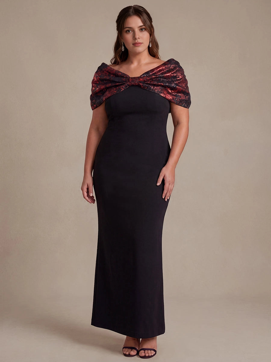 roselledress black plus size formal gown mermaid off shoulder red glitter bow bodice floor length evening dress front view