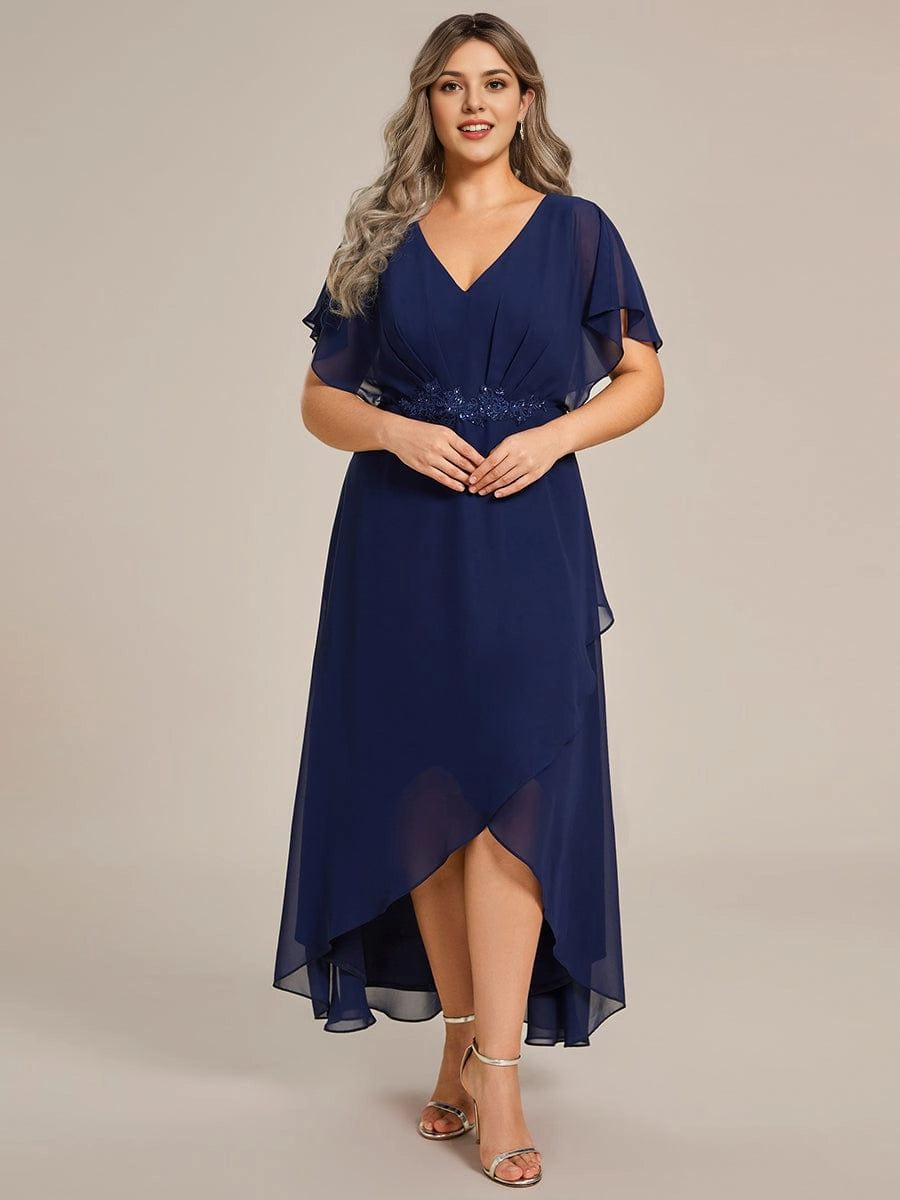 Roselledress Emerald A-Line V-Neck Flutter Sleeve Zip Back High Low Midi Plus Size Weeding Guest Dress