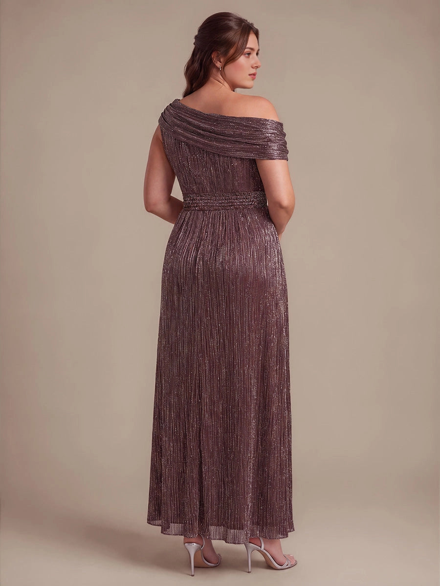 Roselledress Metallic Green A Line Off Shoulder Cap Sleeve Open Back Floor Length Plus Size Wedding Guest Dress 