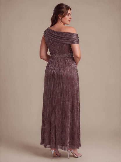 Roselledress Metallic Green A Line Off Shoulder Cap Sleeve Open Back Floor Length Plus Size Wedding Guest Dress 