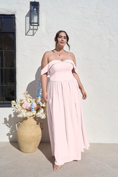 Romantic A-Line Sweetheart Off Shoulder Zipper Back Long Plus Size Bridesmaid Dress