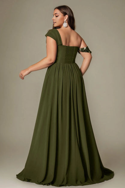 Navy Plus Size A-Line Off Shoulder Asymmetric Sleeve Straight Back Long Prom Dress