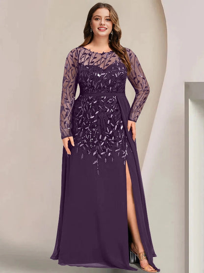 Roselledress Luxury Sheath Bateau Neck Long Sleeve Mesh Back Navy Sequin Chiffon Slit Plus Size Mother Of The Bride Dress