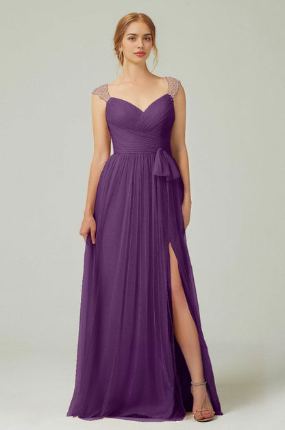 Plus Size Romantic A-Line Sweetheart Sleeveless Illusion Back Long Beaded Bridesmaid Dress