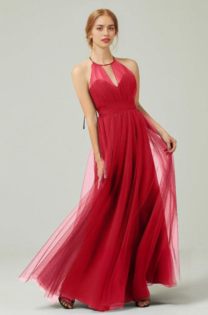Plus Size Elegant Tulle A-Line Halter Sleeveless Open-Back Floor-Length Bridesmaid Dress
