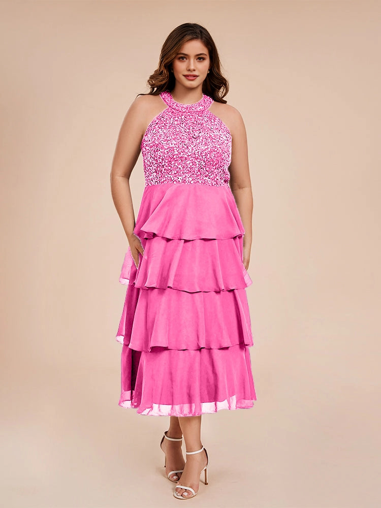 elegant a‑line halter sleeveless tie‑back midi plus size wedding guest dress