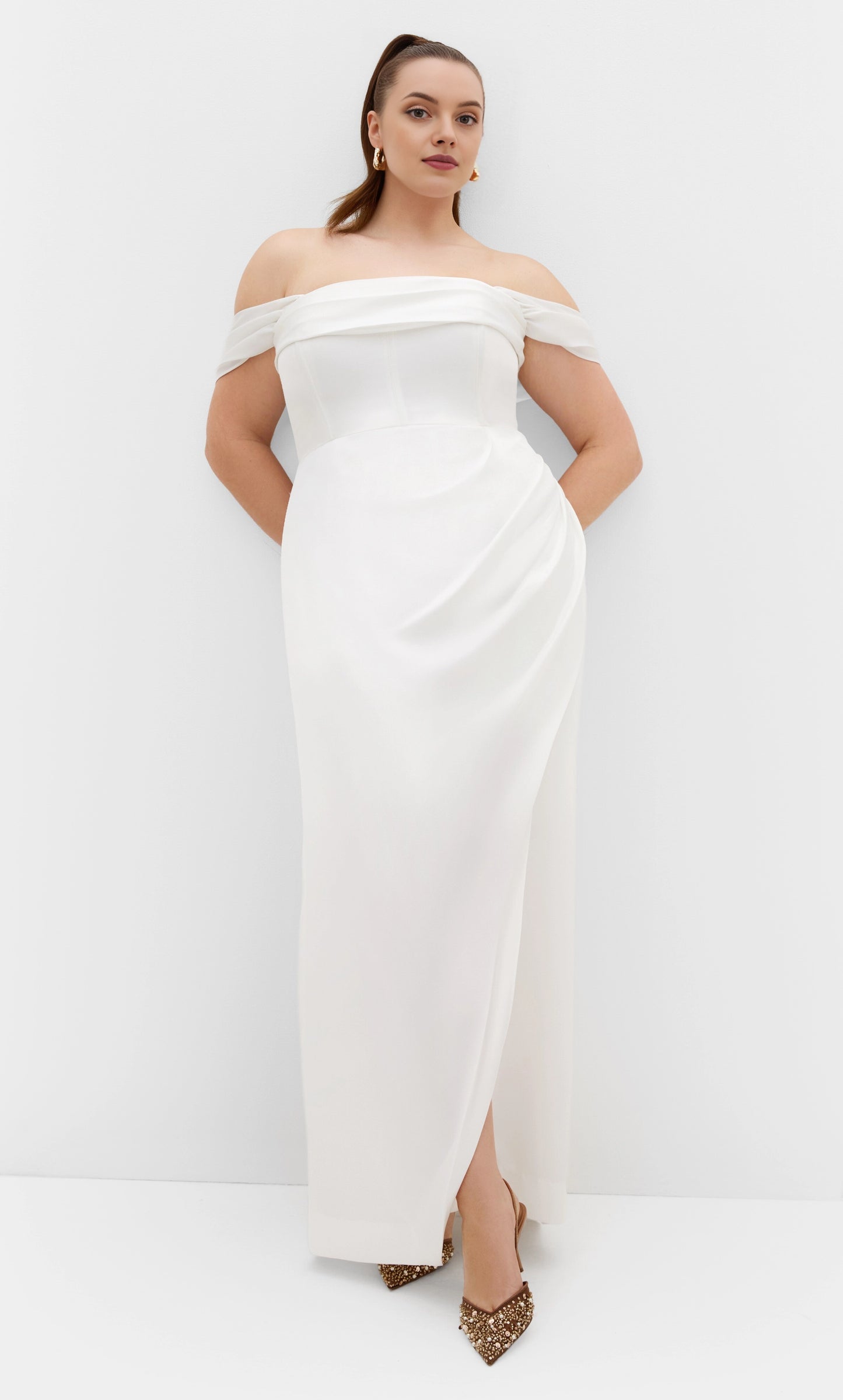 Plus‑Size Off‑The‑Shoulder Draped Satin Corset Bodice High Slit Column Maxi Wedding Guest Dress