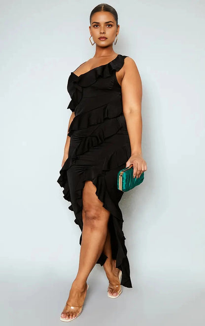 Satin Ruffled Midi V‑Neck Sleeveless Open‑Back Maxi Plus Size Wedding Guest Dress