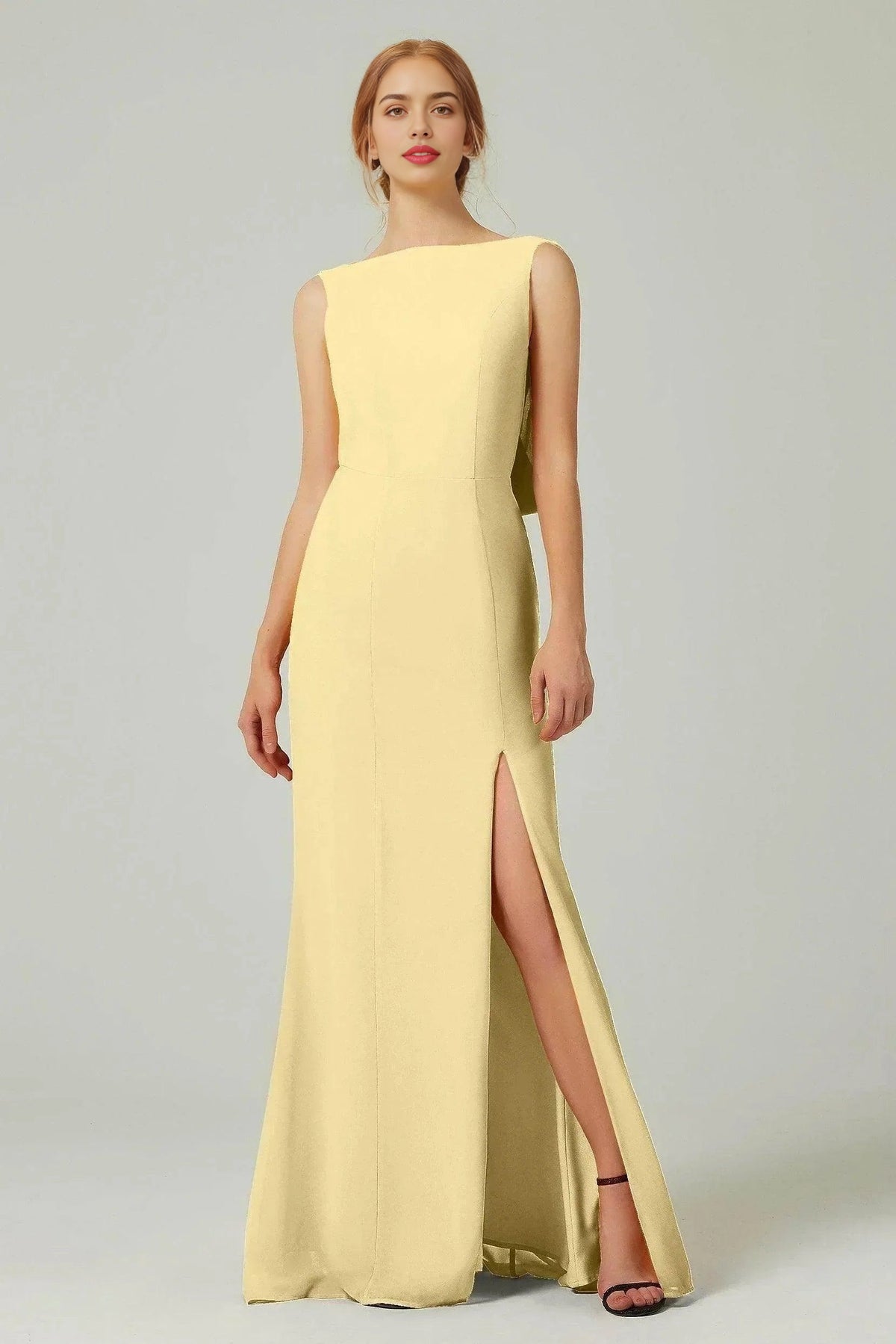 Plus Size Elegant Sheath Bateau Sleeveless Cowl Back Floor Length Bridesmaid Dress