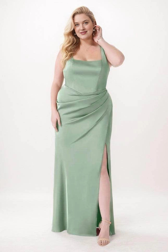 Sage green satin sheath bridesmaid dress with a soft cowl neckline, diagonal waist pleats and a high side slit, front view.