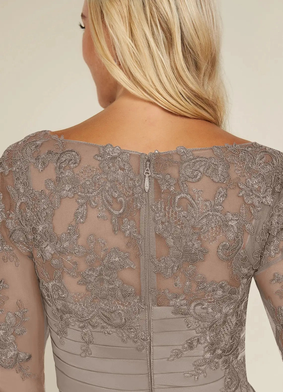 Taupe Sheath Illusion-Neck Three-Quarter Sleeve Zip-Back Long Mother of the Bride Dress