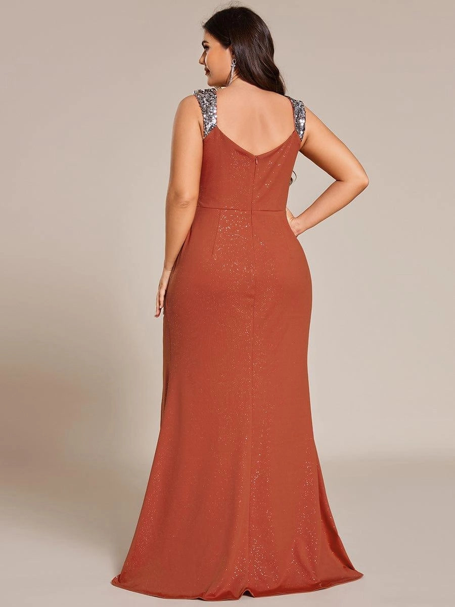 Plus Size Glitter V-Neck Beaded Strap Slit Mermaid Long Prom Dress