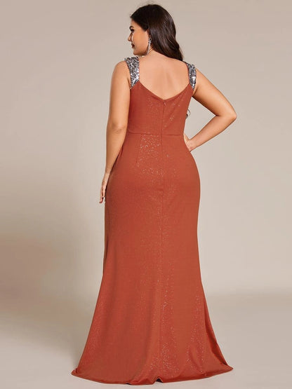 Plus Size Glitter V-Neck Beaded Strap Slit Mermaid Long Prom Dress
