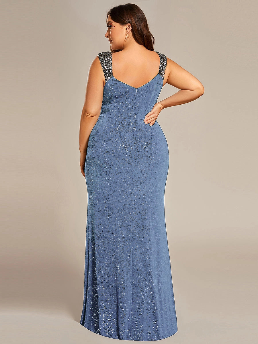 Plus Size Glitter V-Neck Beaded Strap Slit Mermaid Long Prom Dress