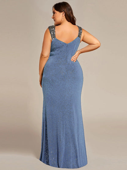 Plus Size Glitter V-Neck Beaded Strap Slit Mermaid Long Prom Dress