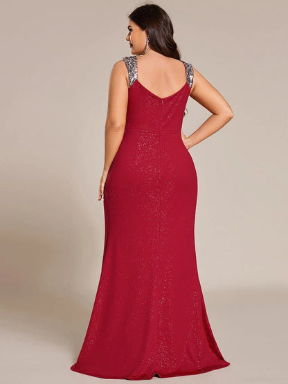 Plus Size Glitter V-Neck Beaded Strap Slit Mermaid Long Prom Dress