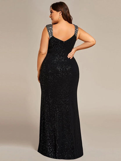 Black sparkle plus size prom gown back view, V-back, beaded shoulder straps, center back zipper and mermaid floor length skirt

