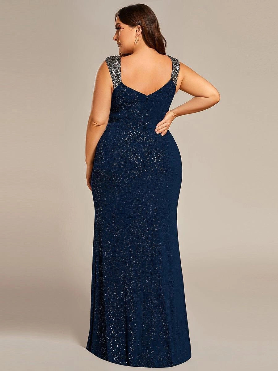 Plus Size Glitter V-Neck Beaded Strap Slit Mermaid Long Prom Dress
