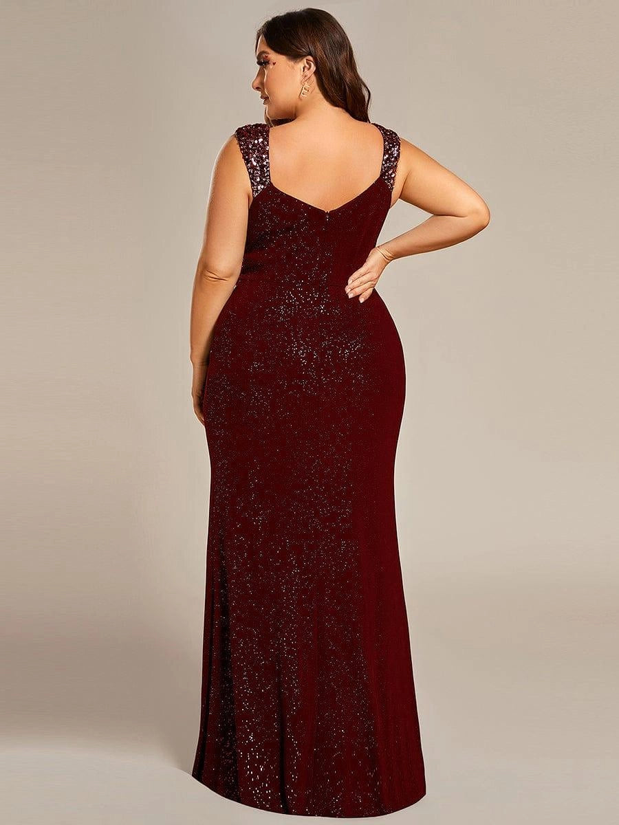 Plus Size Glitter V-Neck Beaded Strap Slit Mermaid Long Prom Dress