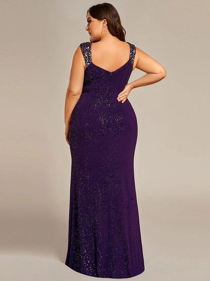 Plus Size Glitter V-Neck Beaded Strap Slit Mermaid Long Prom Dress