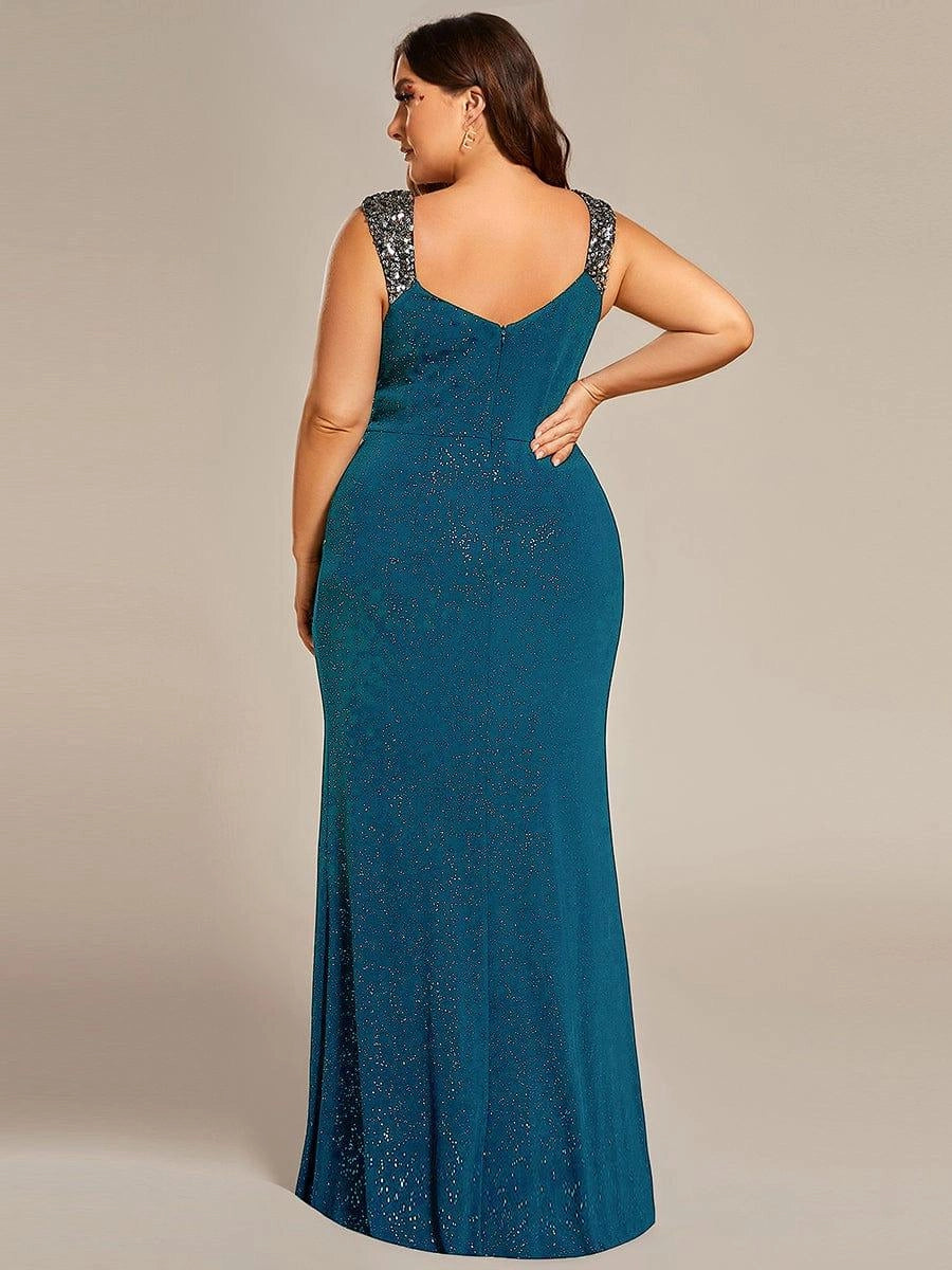 Plus Size Glitter V-Neck Beaded Strap Slit Mermaid Long Prom Dress