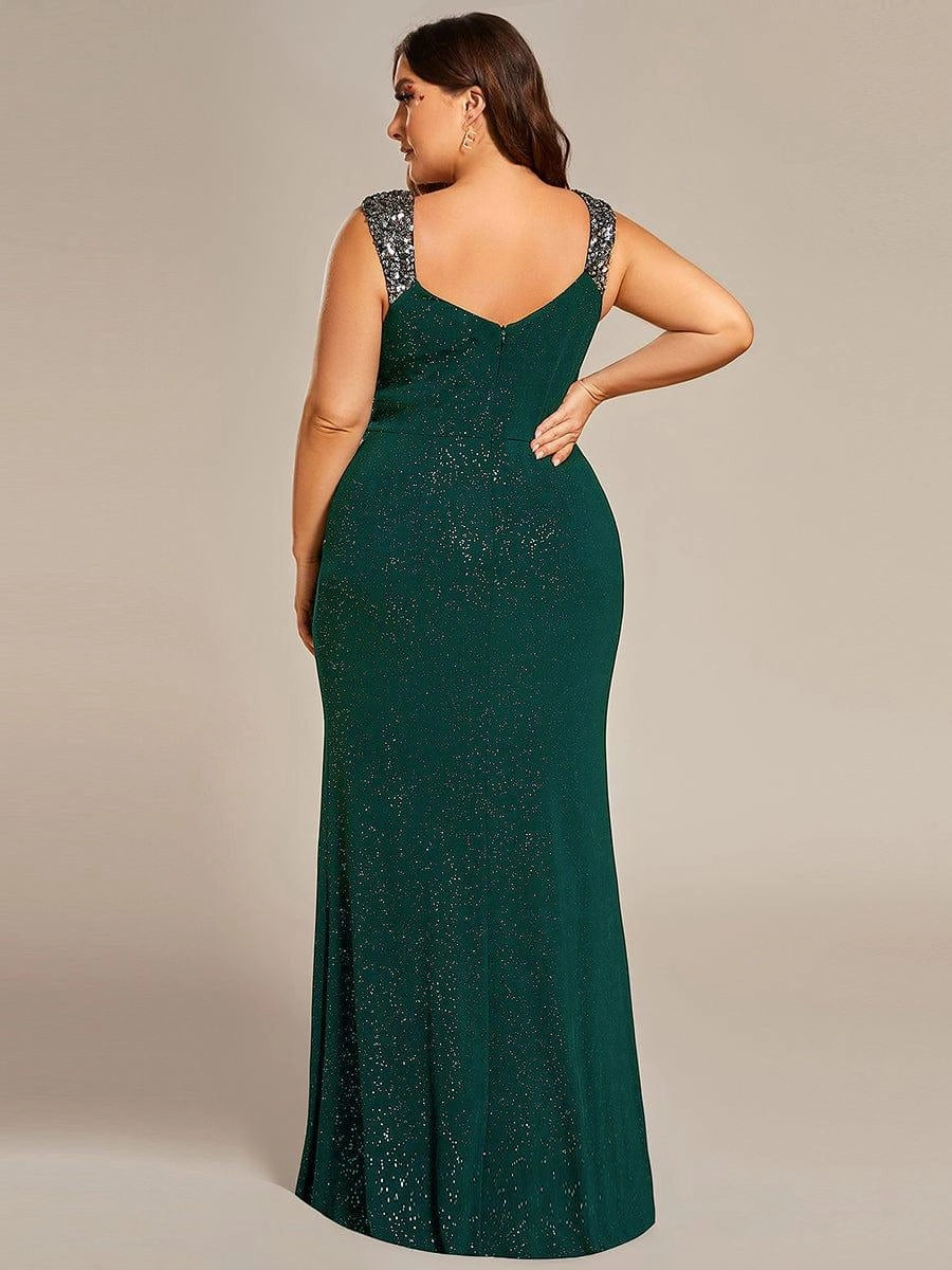 Plus Size Glitter V-Neck Beaded Strap Slit Mermaid Long Prom Dress