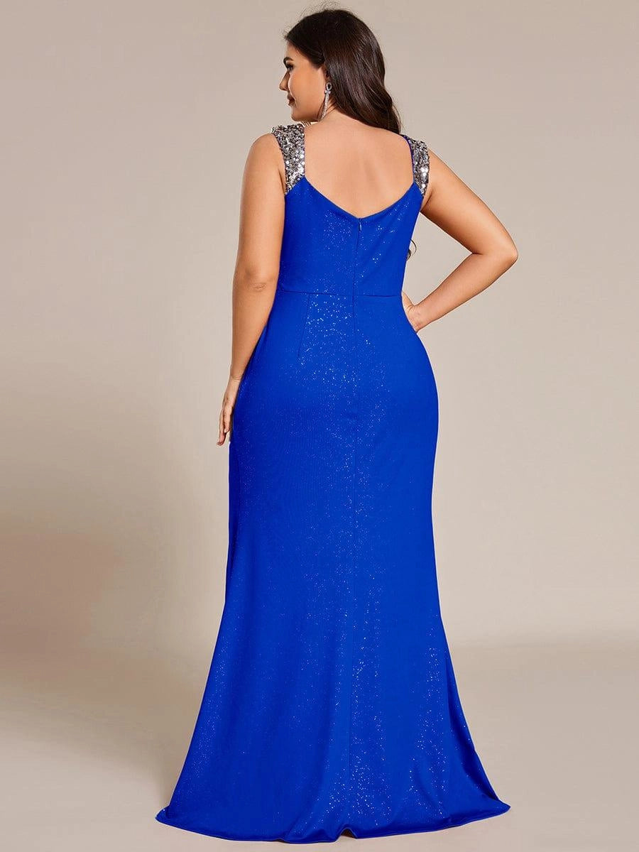 Plus Size Glitter V-Neck Beaded Strap Slit Mermaid Long Prom Dress