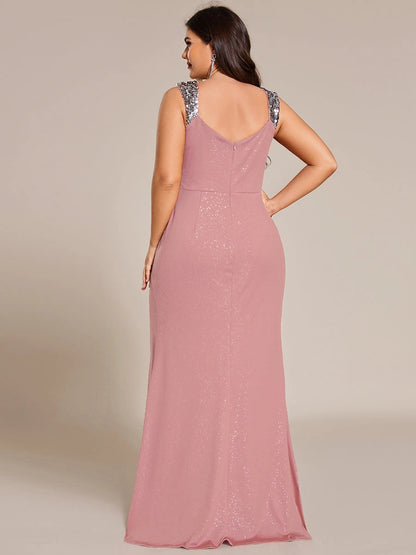 Plus Size Glitter V-Neck Beaded Strap Slit Mermaid Long Prom Dress
